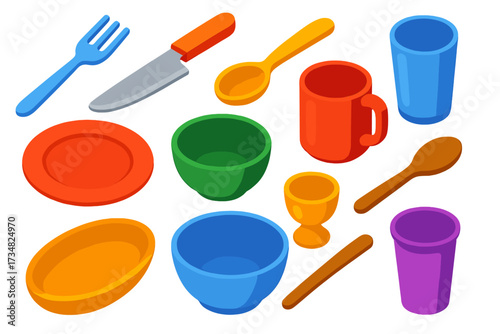 Vibrant Kitchenware Icons. Isometric vector illustration set Everyday kitchenware: casual fork, kitchen knife, soup spoon,