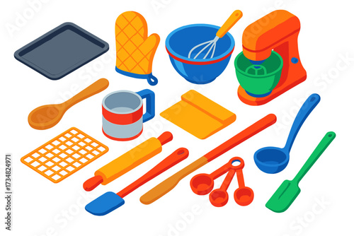 Bold Kitchen Tools. Isometric vector illustration set Kitchen tools: baking tray, oven mitt glove, mixing bowl with whisk, stand