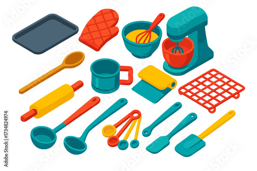 Bold Kitchen Tools. Isometric vector illustration set Kitchen tools: baking tray, oven mitt glove, mixing bowl with whisk, stand