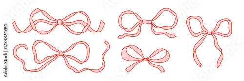 Set of hand drawn ribbon bows in coquette style. Cute feminine decorative elements for digital design, scrapbooking, planners, invitations, packaging, and social media. Isolated on white vector art