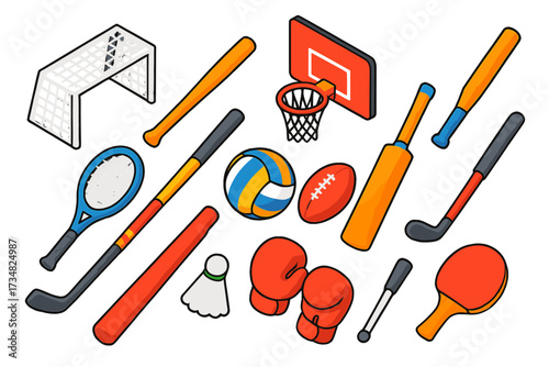 Vibrant Sports Equipment Icons. Isometric vector illustration set Sports equipment: football goal net, basketball hoop with