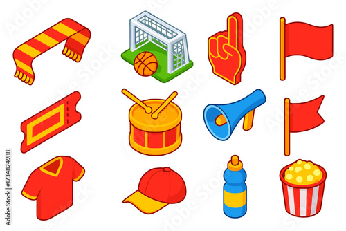 Colorful Sports Fan Gear. Isometric vector illustration set Sports fan items: team scarf, football goal miniature, basketball hoop