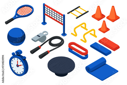 Bright Training Gear Icons. Isometric vector illustration set Training gear: tennis racket, volleyball net, agility ladder, cones,