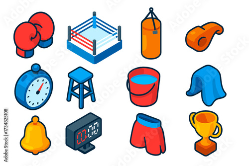 Boxing Icon Set. Isometric vector illustration set Boxing competition: boxing gloves, ring corner, punching bag, referee whistle,