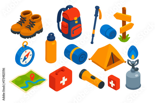 Hiking Essentials Icons. Isometric vector illustration set Hiking essentials: hiking boots, trekking backpack, forest trail sign,
