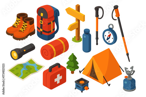Hiking Essentials Icons. Isometric vector illustration set Hiking essentials: hiking boots, trekking backpack, forest trail sign,