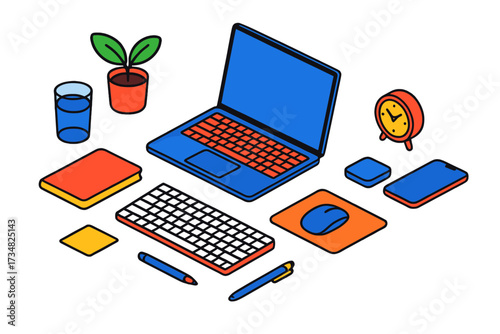 Colorful Workstation Essentials. Isometric vector illustration set Minimalist workstation: slim laptop, compact keyboard, wireless