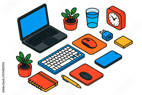 Colorful Workstation Essentials. Isometric vector illustration set Minimalist workstation: slim laptop, compact keyboard, wireless