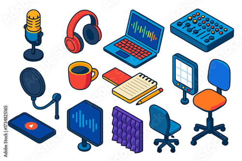 Bold Podcast Icons. Isometric vector illustration set Podcast setup: mic on stand, headphones, laptop, audio mixer, coffee cup,