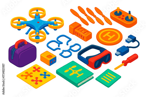 Drone Hobby Essentials. Isometric vector illustration set Drone hobby kit: toy drone, propellers, small remote controller, battery