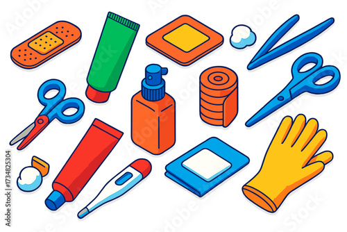 Household First Aid Kit. Isometric vector illustration set Household first aid: adhesive plaster, antiseptic tube, wound dressing,