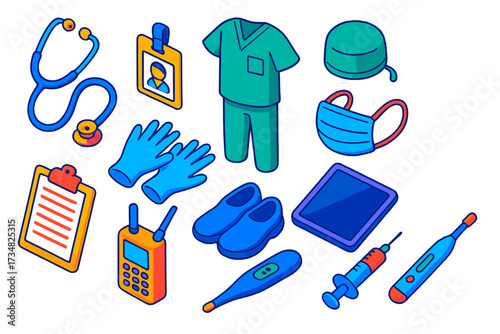 Hospital Staff Essentials. Isometric vector illustration set Hospital staff essentials: stethoscope, ID badge, scrubs uniform,