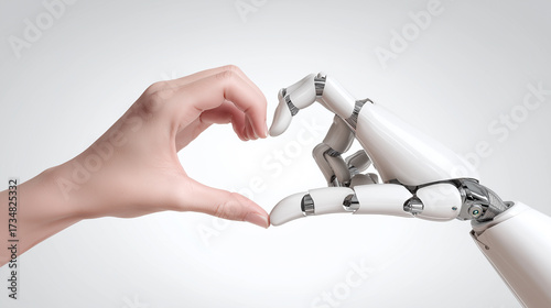 Robot hand and human hand making a heart shape with fingers