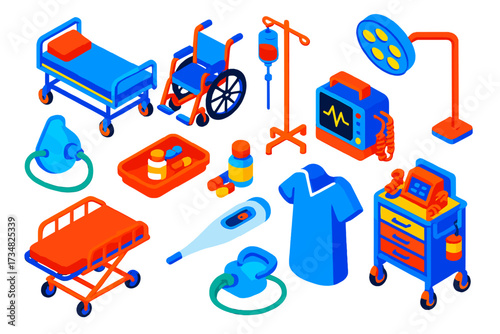 Emergency Room Icons. Isometric vector illustration set Emergency department: hospital bed, wheelchair, IV drip, defibrillator,
