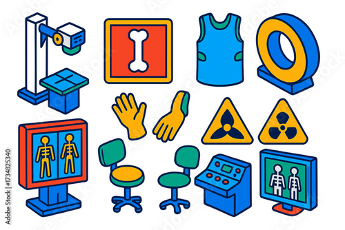 Radiology Tools Icons. Isometric vector illustration set Radiology tools: X-ray machine, bone scan image, lead apron, protective
