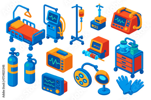 Critical Care Equipment. Isometric vector illustration set Critical care: intensive care bed, ventilator, infusion pump,