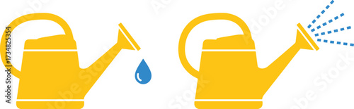 "Vector Illustration of Two Yellow Watering Cans Showing Different Water Flow Rates for Gardening, Irrigation, and Plant Care Concepts"