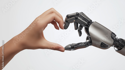Robot hand and human hand making a heart shape with fingers