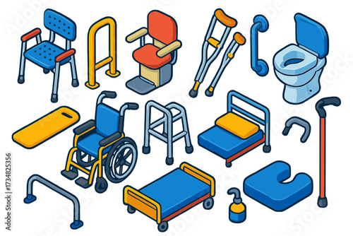 Home Accessibility Essentials. Isometric vector illustration set Home accessibility: shower chair, handrails, stair lift, grab bar