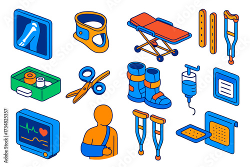Emergency Fracture Care Icons. Isometric vector illustration set Emergency fracture care: X-ray image, cervical collar, stretcher,