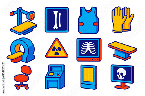Radiology Tools Icons. Isometric vector illustration set Radiology tools: X-ray machine, bone scan image, lead apron, protective