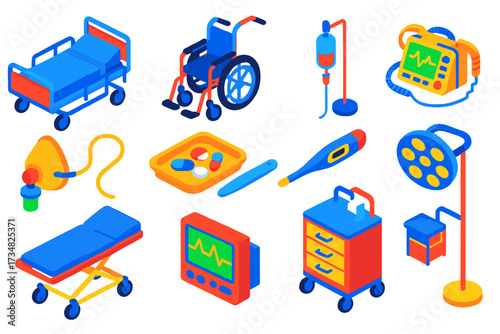 Emergency Room Icons. Isometric vector illustration set Emergency department: hospital bed, wheelchair, IV drip, defibrillator,