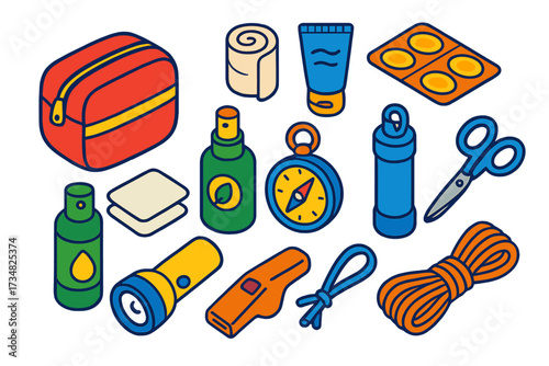 Hiking First Aid Essentials. Isometric vector illustration set Hiking first aid kit: compact pouch, bandage roll, antiseptic gel,