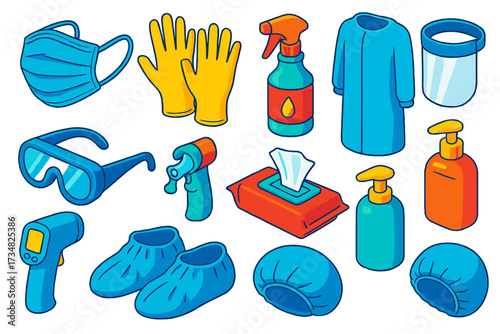 Personal Protection Icons. Isometric vector illustration set Personal protection: face mask, disposable gloves, hand sanitizer