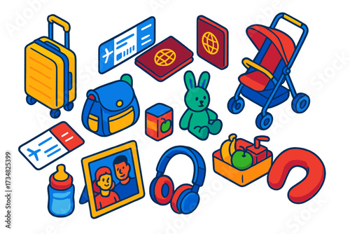 Family Travel Essentials. Isometric vector illustration set Family travel: children’s suitcase, boarding pass, passport, stroller,