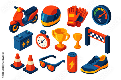 Scooter Racing Essentials. Isometric vector illustration set Scooter racing: racing scooter, helmet, gloves, speedometer, battery