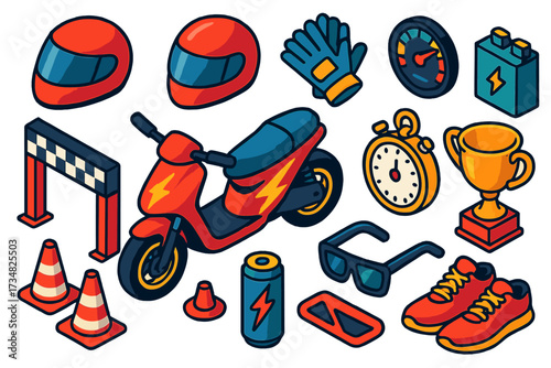 Scooter Racing Essentials. Isometric vector illustration set Scooter racing: racing scooter, helmet, gloves, speedometer, battery
