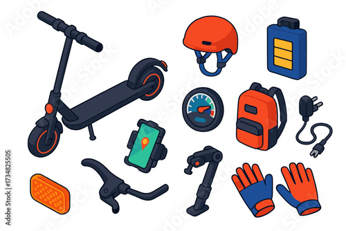 Electric Scooter Gear Icons. Isometric vector illustration set Electric scooter ride: e-scooter, helmet, battery pack, speedometer