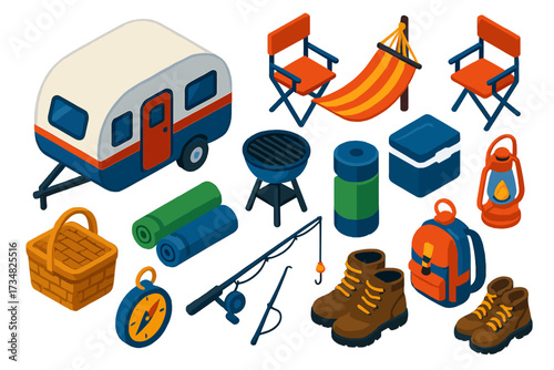 Camping Equipment Icons. Isometric vector illustration set Travel trailer camping: small trailer, folding chairs, hammock, grill,