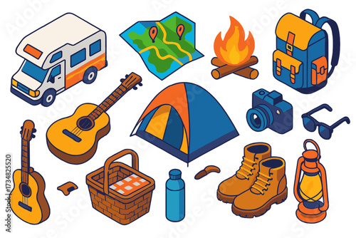 Adventure Roadtrip Essentials. Isometric vector illustration set Adventure roadtrip: motorhome, road map, campfire, backpack,