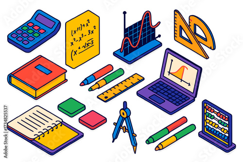 Advanced Math Tools. Isometric vector illustration set Advanced mathematics: calculator, equation sheet, function graph, geometry