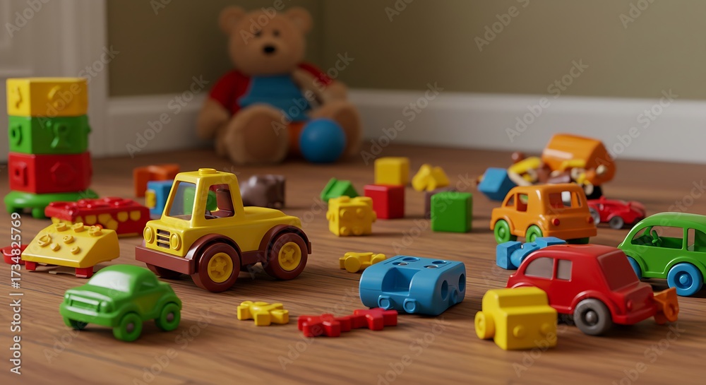 Obraz premium Collection of colorful toy cars and blocks scattered on wooden floor