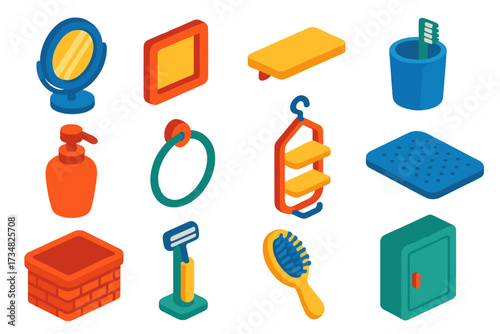 Small Bathroom Essentials. Isometric vector illustration set Small Bathroom Essentials: compact mirror, plastic frame, slim shelf,