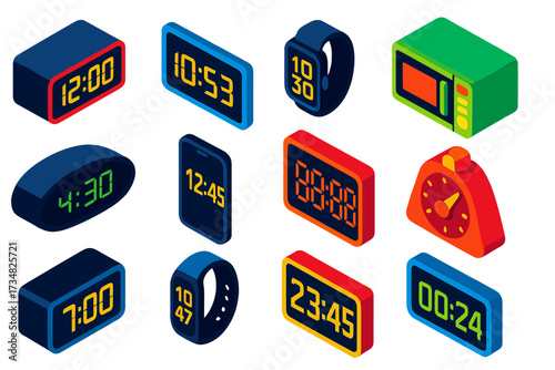 Digital Clocks Collection. Isometric vector illustration set Digital Timekeeping: LED digital clock, LCD screen timer, smartwatch