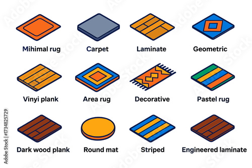 Modern Interior Rugs. Isometric vector illustration set Modern Interiors: minimal rug, grey carpet, laminate flooring, geometric