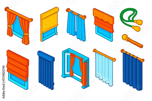 Bold Window Treatments. Isometric vector illustration set Window Treatments: fabric curtain, wooden rod, roller blinds, sheer