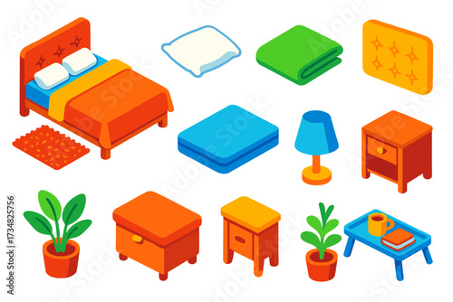 Cozy Bedroom Icons. Isometric vector illustration set Cozy Bedroom: double bed, plush pillow, linen sheet, foam mattress,