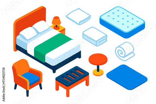 Vibrant Hotel Room Design. Isometric vector illustration set Hotel Room Bedding: queen bed, down pillow, crisp sheet, premium