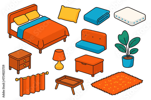 Cozy Bedroom Icons. Isometric vector illustration set Cozy Bedroom: double bed, plush pillow, linen sheet, foam mattress,