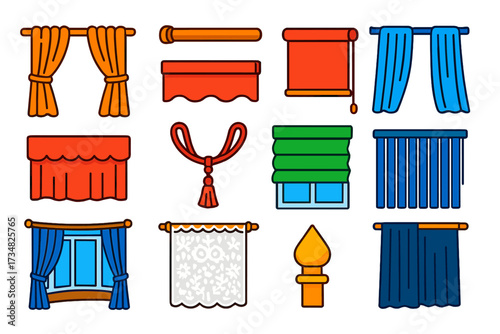 Bold Window Treatments. Isometric vector illustration set Window Treatments: fabric curtain, wooden rod, roller blinds, sheer