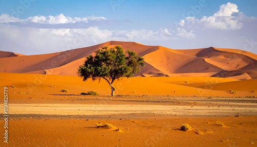 Fototapeta Naklejka Na Ścianę i Meble -  Desert Landscape with a Lone Tree and Sand Dunes Under a Blue Sky