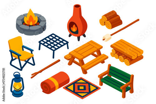 Outdoor Fireplace Essentials. Isometric vector illustration set Outdoor Fireplace: stone fire pit, chimney grill, wooden logs,