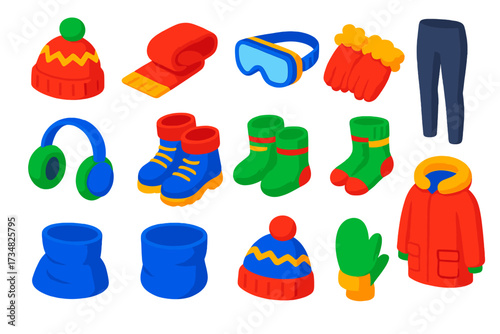 Winter Accessories Icons. Isometric vector illustration set Winter Accessories: knitted hat, wool scarf, ski sunglasses, fur