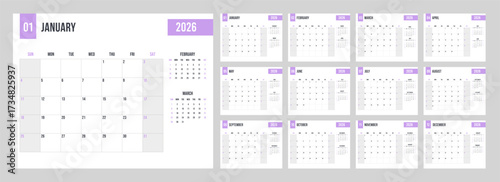 Minimalist 2026 year Calendar month template horizontal pages set. Yearly english planner week starts on sunday 