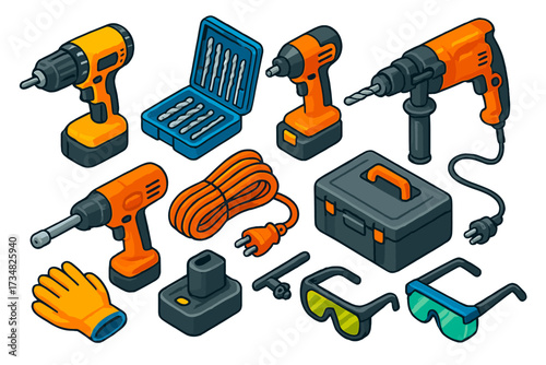 Vibrant Power Tools Icons. Isometric vector illustration set Power Tools: cordless drill, drill bit set, electric screwdriver,