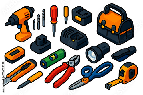 Household Power Tools Icons. Isometric vector illustration set Household Power Tools: mini drill, small drill bits,